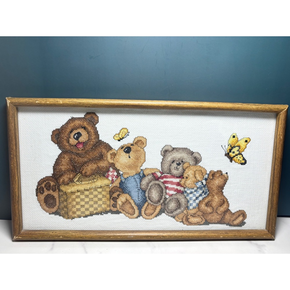 Vintage Framed Teddy Bear Picnic Cross Stitch Wall Art Decor Country